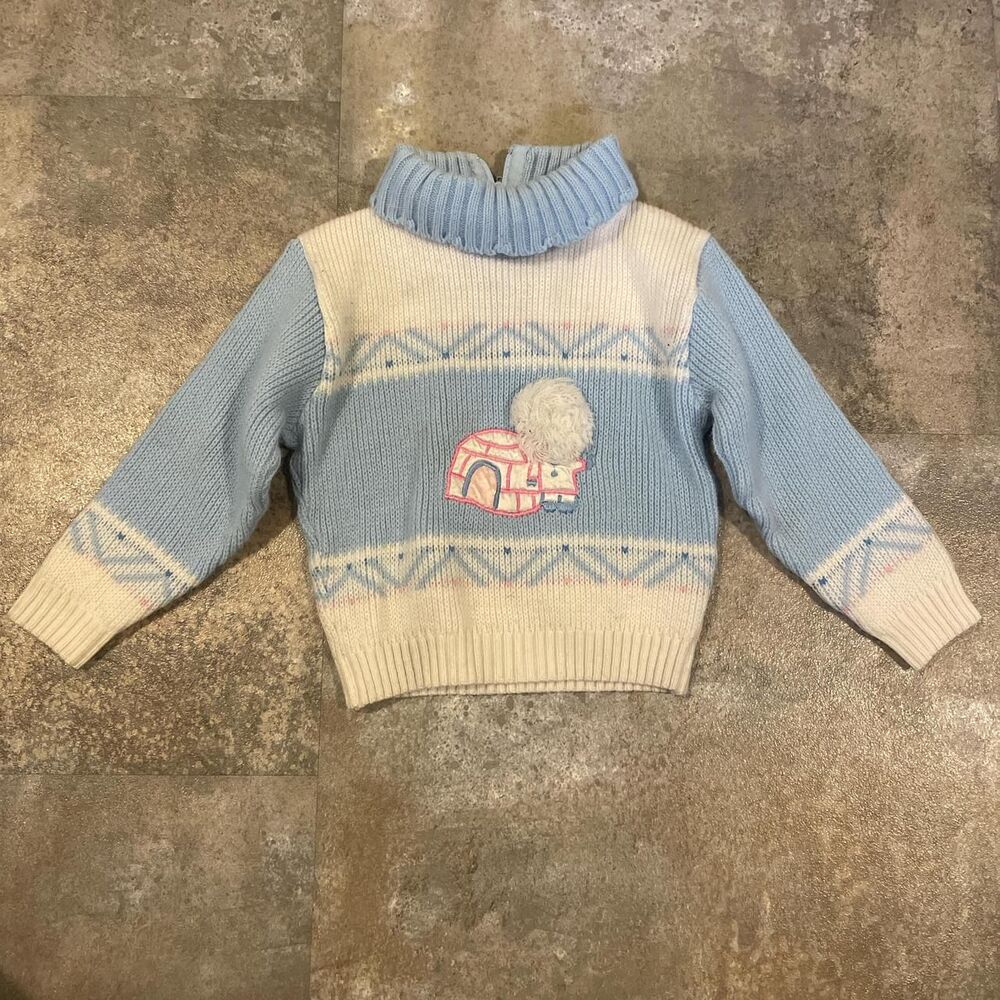 aka baby vintage blue and white snowman igloo turtleneck zip sweater 24 months